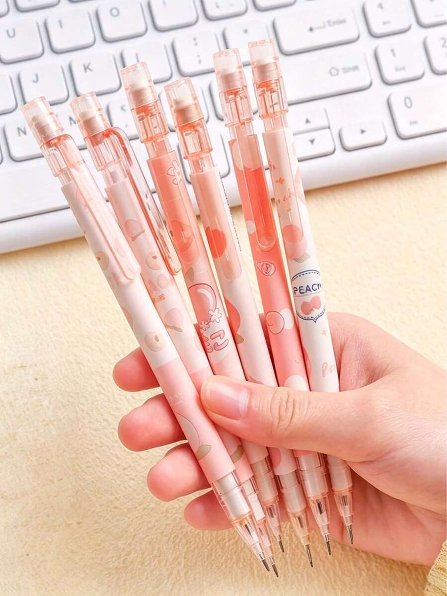 Random 6pcs Sweet Peach Mechanical Pencils, 0.5Mm HB Pencils, Retractable Plastic Pencils, With Cute Cartoon Design, Fruit Theme, Ideal Student Gift - Mechanical Pencil - View 1