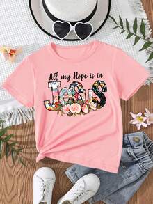 Girls' Round Neck T-Shirt With Letter And Flower Print "All My Hope Is In Jesus", Sweet And Versatile. - Pink - View 2