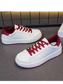 Children's Colorblock Collar Skateboard Shoes, Lace-Up Thick Sole Flat Shoes, Matching Color Shoelaces, Multiple Colors Available - Red - View 2