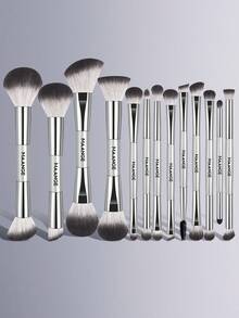 MAANGE Juego de 5/13/18/21 piezas de brochas de maquillaje profesionales de doble punta, bolsa de maquillaje, brocha para base, brocha para contorno, brocha para rubor, brocha para polvo, brocha para sombra de ojos, brocha para corrector, herramientas de maquillaje, juego de viaje, regalo para mujeres/niñas. - Plateado - Ver 6