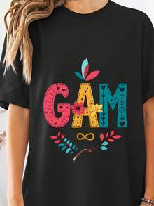 Soft Cotton Summer T-Shirt With Floral Print, 100% Cotton, Short Sleeve, Round Neck, Gift For Mother's Day, For Grandmother, Women, T-Shirt To Announce The New - 黑色 1 - 查看 1