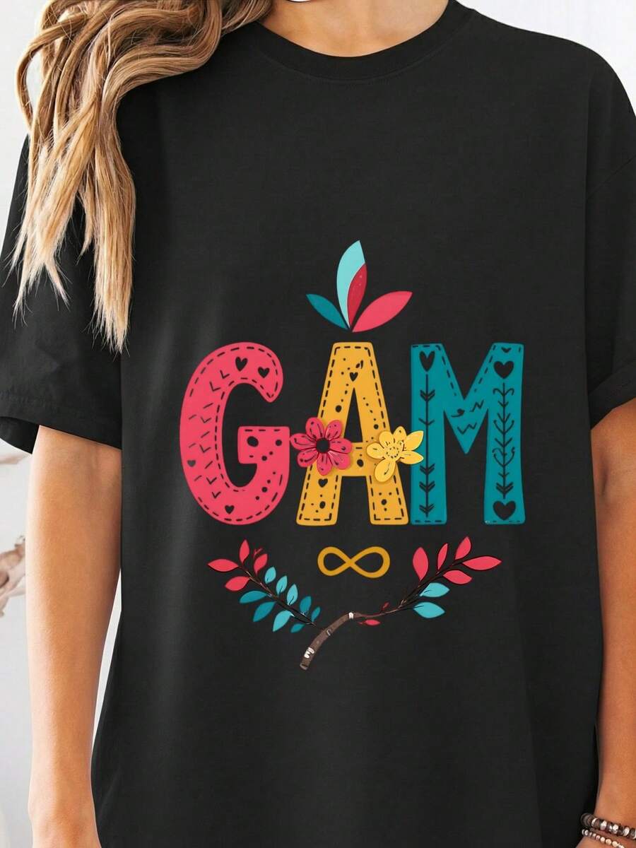 Soft Cotton Summer T-Shirt With Floral Print, 100% Cotton, Short Sleeve, Round Neck, Gift For Mother's Day, For Grandmother, Women, T-Shirt To Announce The New - 黑色 1 - 查看 1