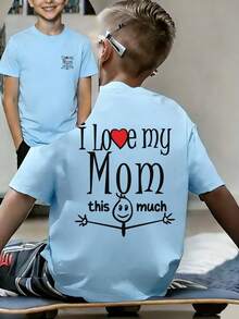 Camiseta con eslogan "Amo a mi mamá" para niño preadolescente, de tela suave y cómoda, adecuada para deportes al aire libre, uso diario, estilo callejero, - Gris - Ver 1