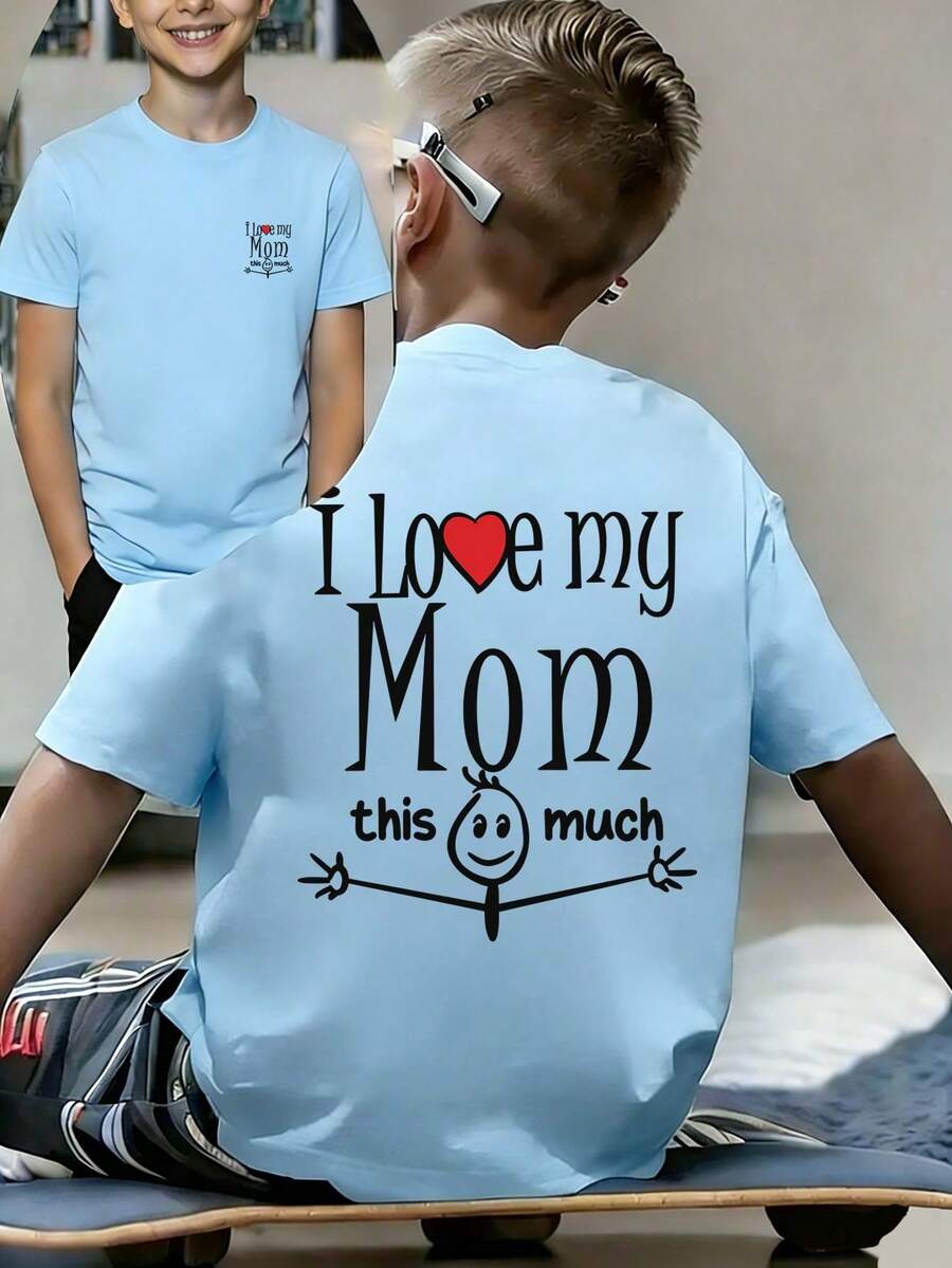 Camiseta con eslogan "Amo a mi mamá" para niño preadolescente, de tela suave y cómoda, adecuada para deportes al aire libre, uso diario, estilo callejero, - Gris - Ver 1