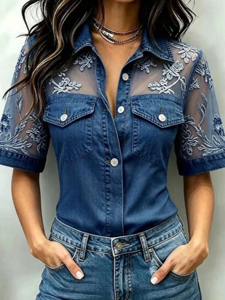 Women's Denim Fabric & Mesh Patchwork Shirt, Long Sheer Puff Sleeves, Button-Down With Fake Chest Pockets, Slim Fit Casual Top For Everyday Wear - Dark Blue - View 3