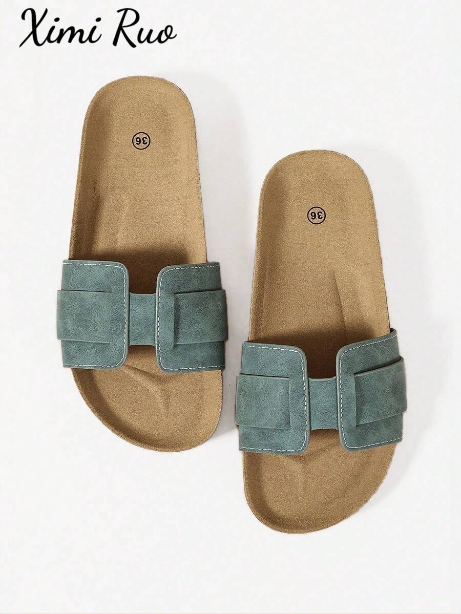 Ximi Ruo Sandal Selop Kasual Bertali Model Baru Musim Semi/Panas, Sandal Pantai Nyaman dengan Hak Datar dan Ujung Bulat, Sandal Selop Serbaguna untuk Wanita - Lime Green - View 1