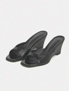 Sandal Mule Wanita Terbaru Musim Semi/Panas 2026 dengan Hak Rendah Sedang Tipis, Hak Wedges - Hitam - View 8