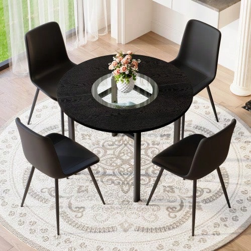 Minimalist Round Table Set (With 4 Black PU-Material Armchairs And Widened Comfort Seat Cushion), Round Table With 100 Cm Diameter In Black Wood Look, Suitable For Living Room Etc. - Brown+Black - View 1