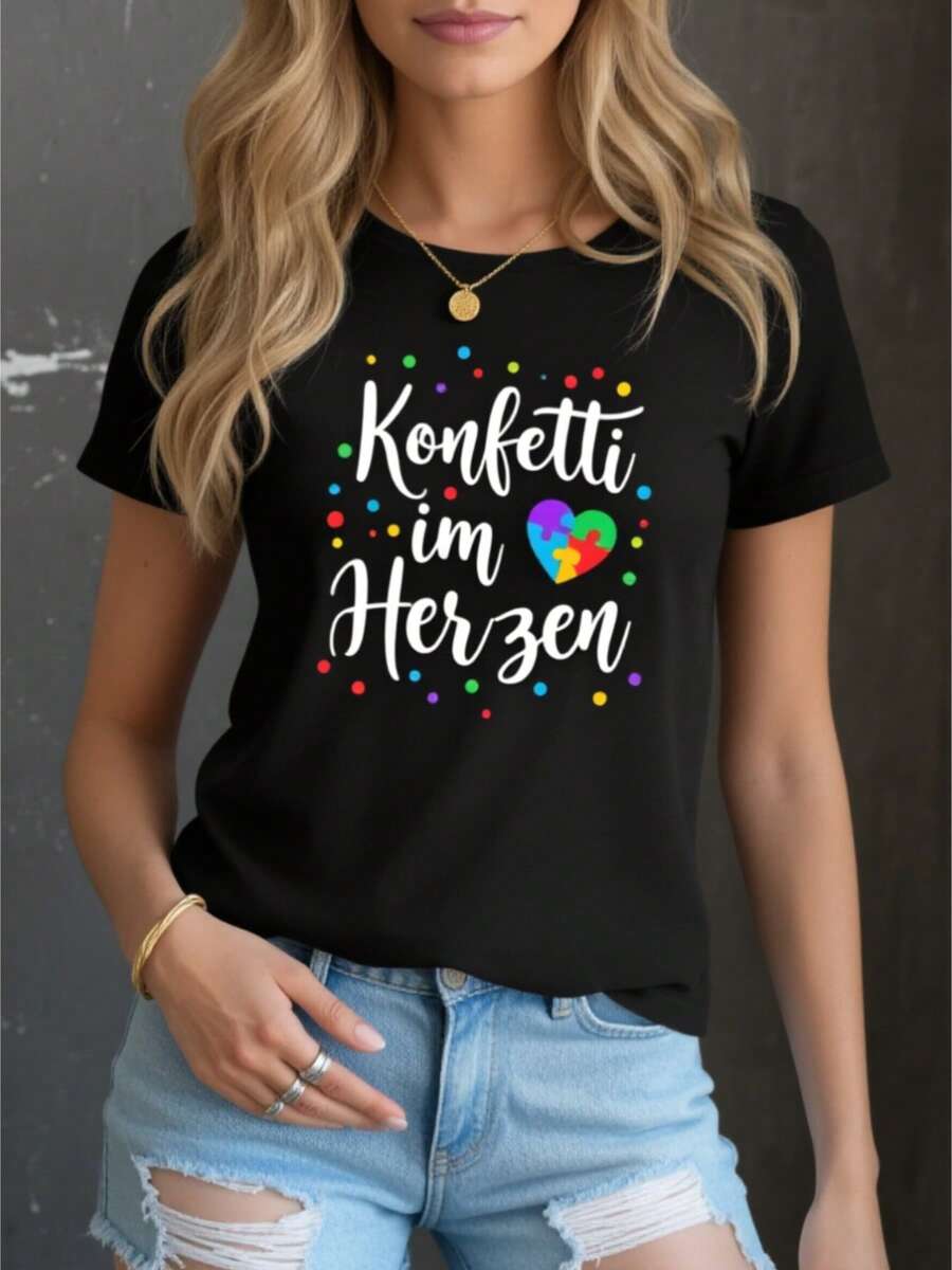 Stylish Women's T-Shirts, Soft Black Casual Streetwear Short Sleeve Graphic Design, Casual Round Neck Stretch Fabric, Fashionable Top For Spring/Summer, Outfit - 黑色 - 查看 1