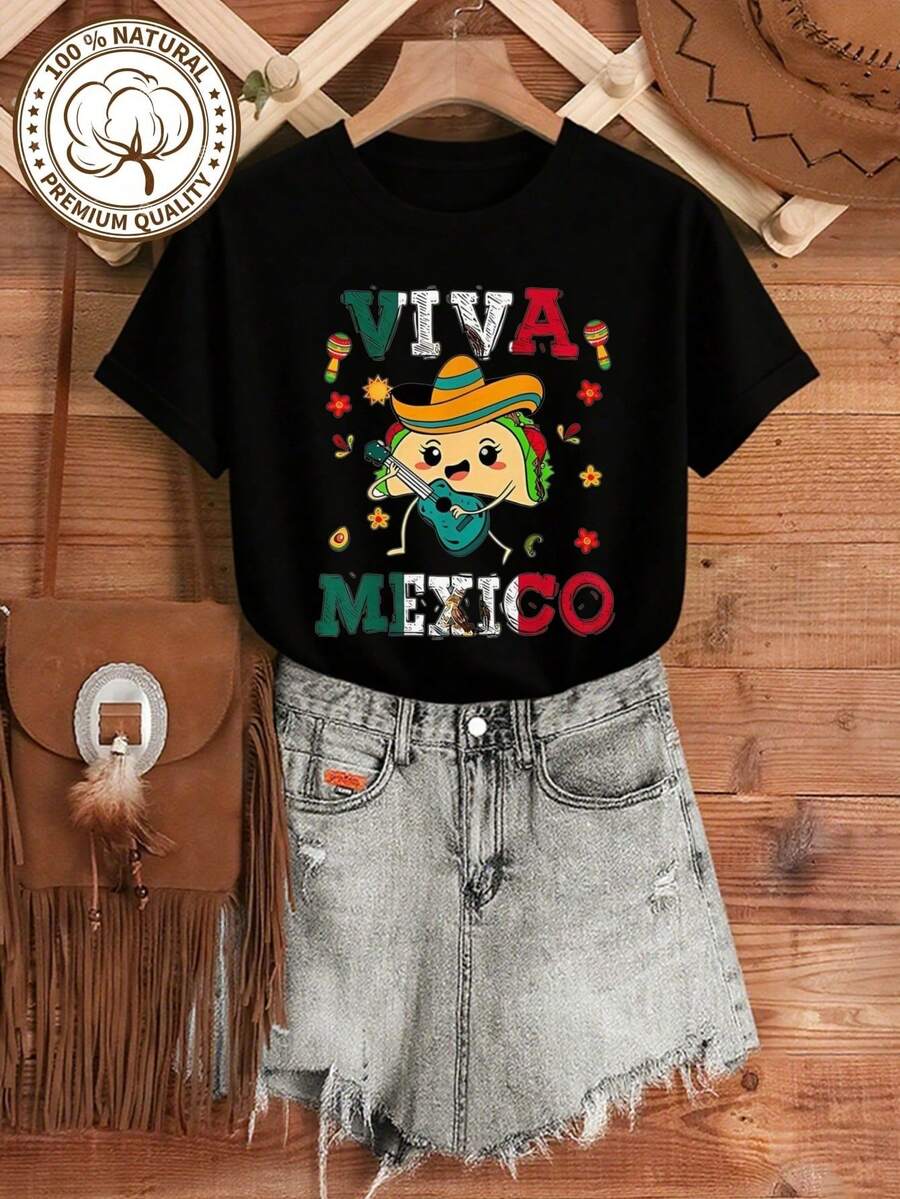 1 Pack Women's Plus Size Viva Mexico Graphic T-Shirt - 100% Cotton, Short Sleeve, Crew Neck, Casual Mexico T-Shirt Tops - 黑色 - 查看 1