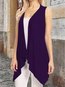 Plus Size Long Cardigan, Shawl Style, Modern, Elegant, Solid Color, Lightweight, Sleeveless, Open Front. - Purple - View 1
