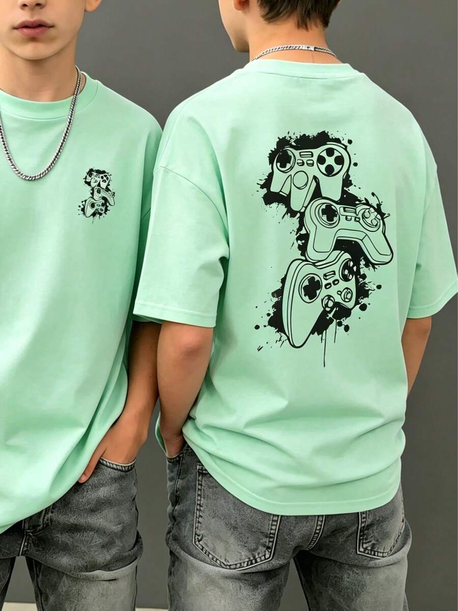 1pc Tween Boy Video Game Graphic Print Short Sleeve T-Shirt, Summer Top For Young Students - Mint Green - View 1