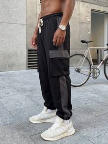 Men's Colorblock Patchwork Cargo Jogger Sweatpants With Drawstring Waist, Multi-Pockets, High Street Casual Sports Long Pants - Black - View 4