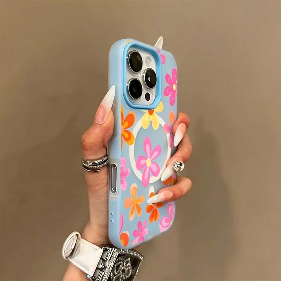Phone Case: Fashionable And Creative Colorful Floral Pattern Macaron-Colored Skin-Feel Jelly Magnetic Wireless Charging Phone Case, Stylish, Lightweight, High-Quality, Non-Slip, And Fashionable Protection. Simple Design, Scratch-Resistant Shell. - Blue - View 1
