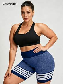 Plus Size Seamless Cycling Shorts For Women, Striped Contrast High Waist Tummy Control Butt Lifting, High Stretch Gym Yoga Biker Shorts, Summer Sports - Multicolor - View 6
