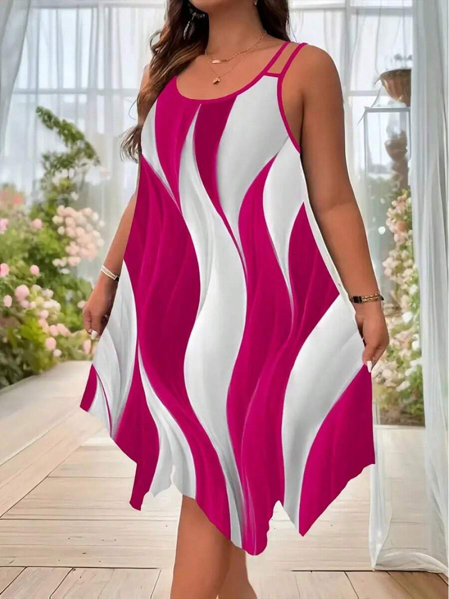 Women's Casual Dress, Loose Fit And Color Block Print - Magenta - View 1