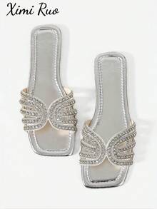 New Spring/Summer Fashion Casual Strap Slide Sandals, Comfortable Flat Heel Round Toe Beach Slippers, Versatile Minimalist Slip-On Sandals For Women - Silver - View 1