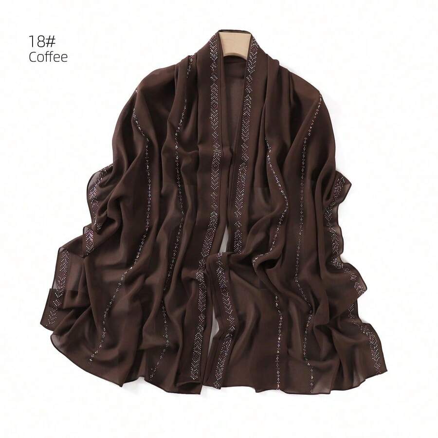 1 Piece Solid Color Chiffon Hijab Scarf With Sparkling Rhinestones, Elegant And Simple, With Synthetic Rhinestones, For Outdoor Sun Protection, For Women, For Dress - Silver - View 1