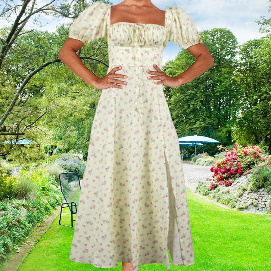 European And American Women's Fashion 2023, New Style, Fresh Floral Print Strappy Dress, Slim Fit And Side Slit For Women, Summer And Autumn - 鵝黃色 - 查看 1
