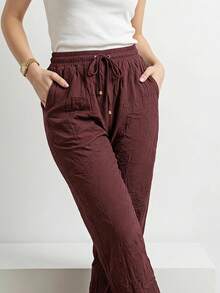 WOMEN CASUAL LOOSE FİT PANTS ELASTİC WAİST - Burgundy - View 4