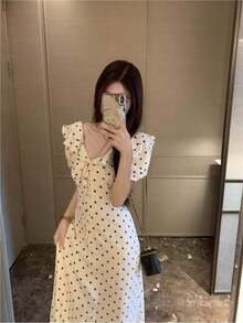 Women Long Dresses - White Polka Dots - View 4
