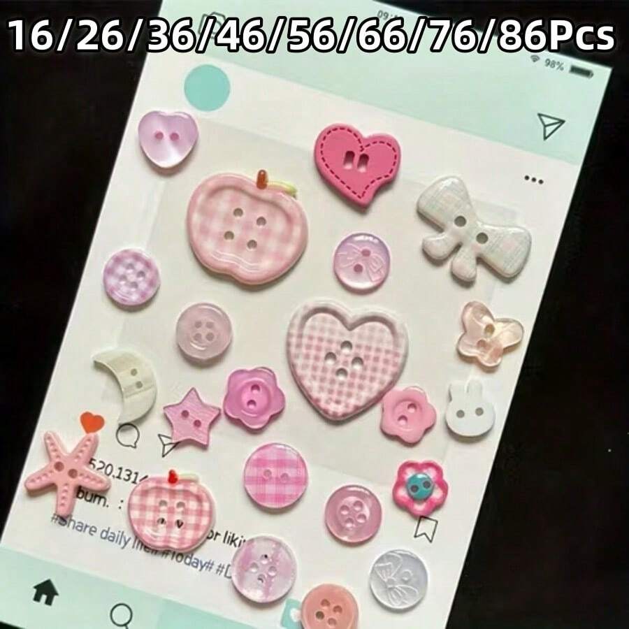 16/26/36/46/56/66/76/86Pcs Buttons, Pink Mixed Buttons/Suitable For Bracelet Charms/Pink-Apple-Heart-Bow-Pattern Random, Suitable For DIY Scrapbook Decoration And Clothing Accessories, Cute Mixed Bracelet Button Charms, Random Styles - Multicolor - View 1