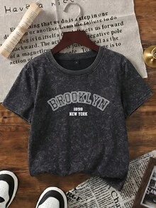一件复古水洗“BROOKLYN”字母印花短袖T恤，适合青少年男孩，休闲宽松圆领，柔软透气面料，复古街头风，适合日常穿着和户外活动 - 黑色 - 查看 2