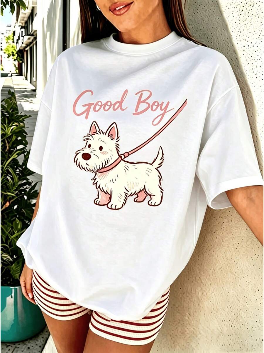 Y2K Women's Casual Summer T-Shirt, Retro Casual T-Shirt With Cartoon Of A Good Boy And A West Highland White Terrier For Pet Owner - 白色 - 查看 1