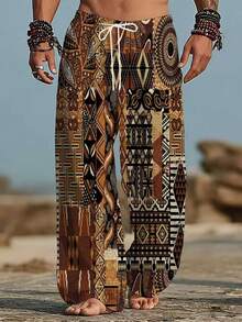 Men's African Totem Patchwork Print Wide Leg Pants, Drawstring Elastic Waist, Loose Lightweight Beach Vacation Casual Long Pants - Multicolor - View 1