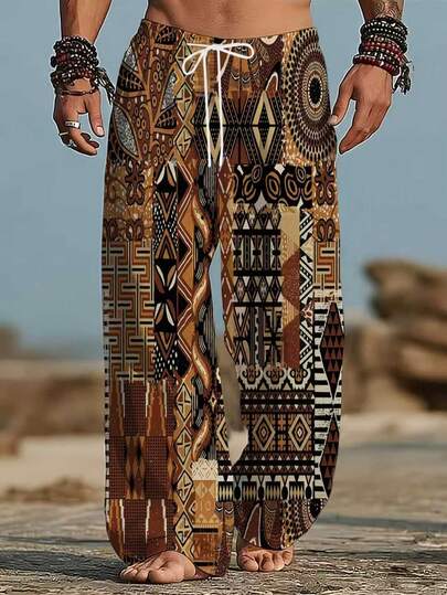 Calças compridas casuais de praia e férias para homem, perna larga, com estampado patchwork de totem africano, cintura elástica com cordão, soltas e leves