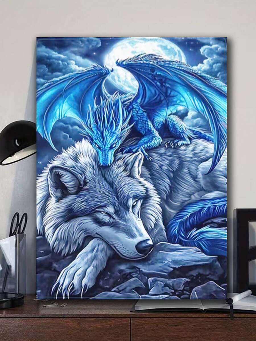 Dragon Wolf Diy Diamond Painting Kit -Diamond Art Mosaic Craft Cozy Healing Artwork Design Animal, Immersive Handmade Stress Relief, Home Decor Art DIY Craft Lover's Holiday Surprise Gift - round diamond - View 1