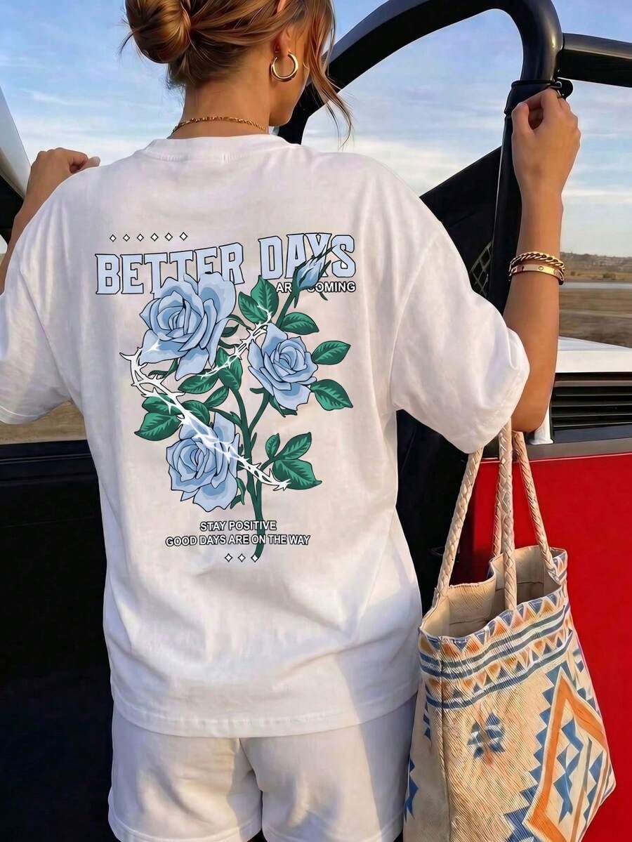 1packWomen's Oversized Double-Sided Print T-Shirt, Blue Rose Embroidery Floral Slogan Letter Pattern T-Shirt, Y2K Soft Grunge Aesthetic Vintage Street Style Positive Quote Top, Soft Fabric, - 白色 - 查看 1