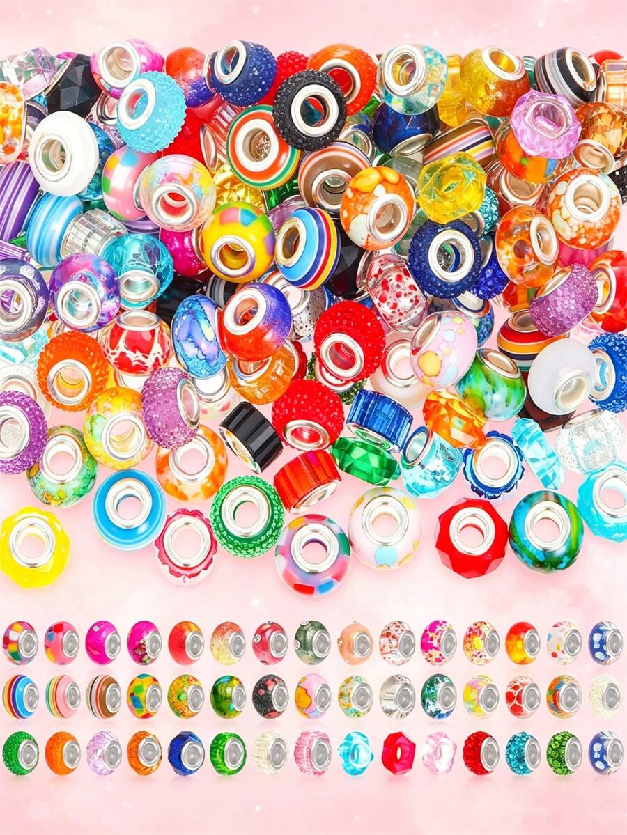 10/100/500 peças Contas Europeias de Aço Multicoloridas de 14 mm, Contas de Furo Grande para Pendentes e Pulseiras em Lote para Fabrico de Joias, Contas Espaçadoras Decorativas de Vidro Murano para Artesanato e Estacas de Jardim (Cores Mistas) - Multicolorido - Ver 1