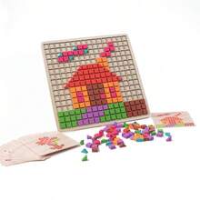 Children 3+ Years Old Wooden Logic Mosaic Cube Puzzle Toy, 210pcs DIY Blocks With 20 Double-Sided Flash Cards, 3D Spatial Thinking And Creative Training Montessori Toy, Color And Shape Recognition Educational Desktop Game Gift, Suitable For Boys And Girls - Multicolor - View 9