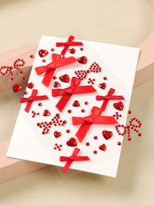 Red Bow Heart 3D Glitter Face Gems Y2K Self-Adhesive Rhinestones, DIY Concert Disco Party Shiny Face Decoration - Red - View 6