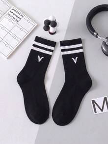 1/5/10/20 Pairs Black Letter Mid-Calf Socks, Striped Cuff Knitted Casual Street Style Mid-Calf Socks, Minimalist Yet Designed Overall Style, Suitable For Daily Commute, Casual Wear, Theme Parties, Holiday Gifts, Home Wear, Relaxed Style - Multicolor - View 18