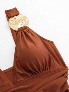 Traje de baño de una pieza con estampado de lunares elegante para mujer + falda larga con decoración circular dorada, conjunto sexy para playa - Burdeos - Ver 6