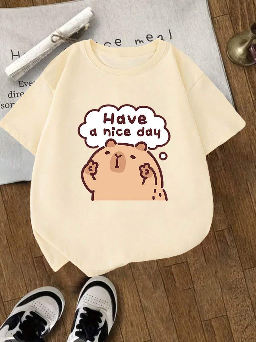 [Guan Yi Shu Selection]Capybara And Pufferfish Print T-Shirt|Short Sleeve Sports T-Shirt For Boys And Girls Ages 4-13 | Casual Printed T-Shirt For Kids - 卡其色 - 查看 1