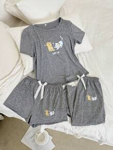 Cute Cat Print 3-Piece Pajama Set With Shorts - Multicolor - View 1