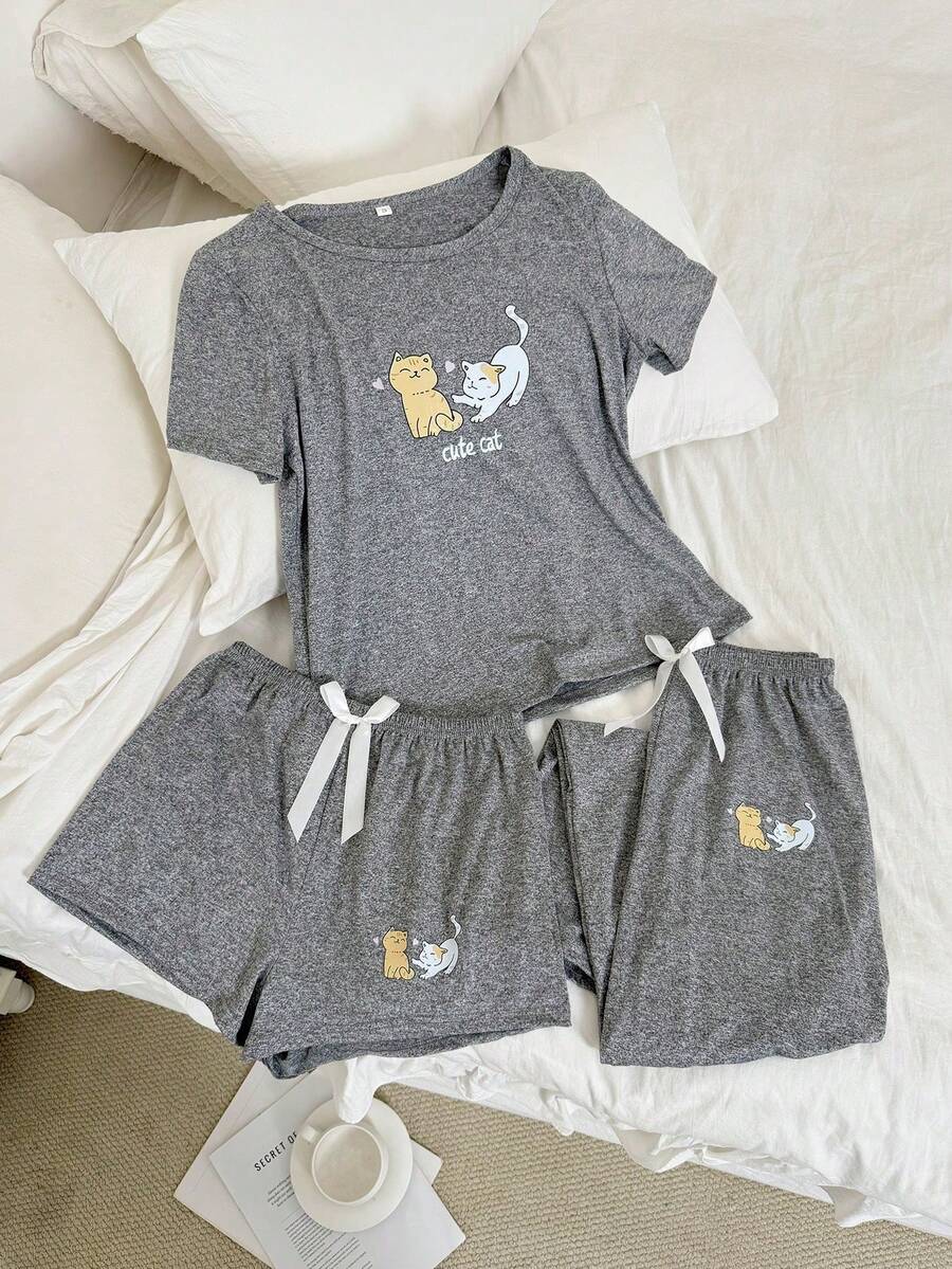 Cute Cat Print 3-Piece Pajama Set With Shorts - Multicolor - View 1
