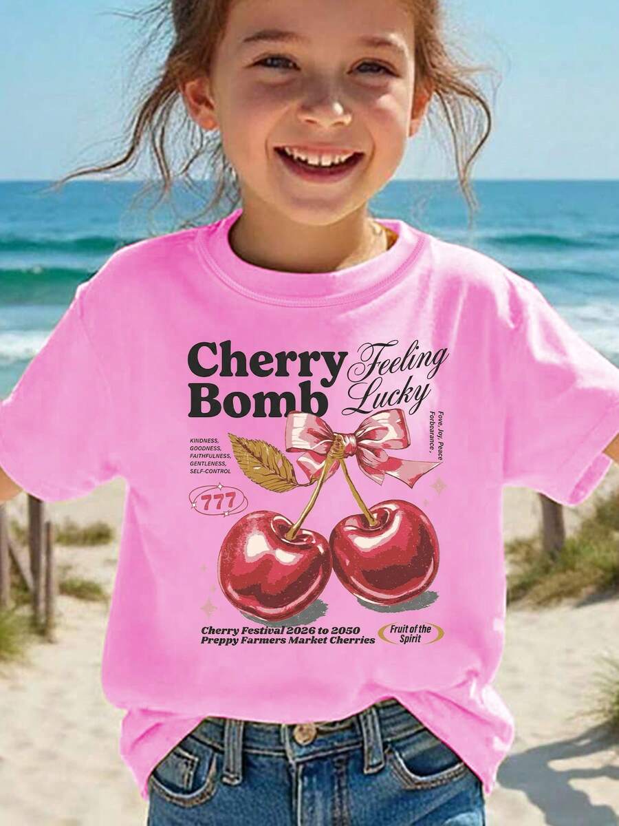 Girls' Short-Sleeved T-Shirt, Summer Style, With "Cherry Bomb" Print, Bow And Cartoon Cherry Design, Casual And Versatile Top NY-DX9386 - 灰色 - 查看 1