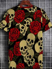 Men's Gothic T-Shirt With Skull And Rose Print - Bold Short Sleeve Crew Neck Streetwear, Casual Fit, Suitable For Casual Wear, Blouse - 黑色 - 查看 3