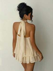 Vestido mini elegante para mujer con cuello halter y detalle de lazo en tono amarillo claro - beis - Ver 9