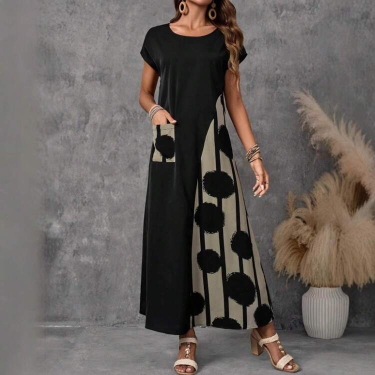 Nuevo Vestido Holgado con Bolsillos y Estampado para Mujer, Estilo Europeo y Americano, para Verano - Negro - Añade 1