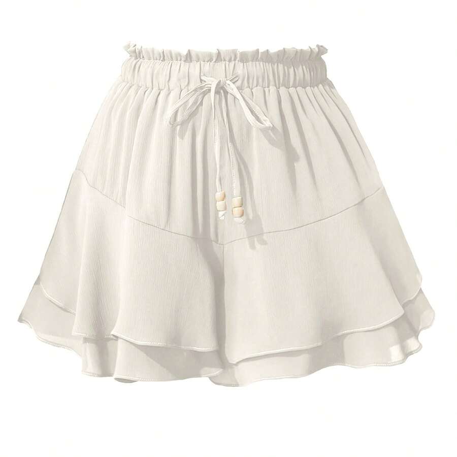 Double-Layer Culottes With Ruffles, Elastic Waistband And Adjustable Drawstring: A Casual And Sporty Design Intended To Prevent Accidental Exposure. - White - View 1