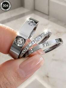 2026 New 304 Stainless Steel Silver Stackable Ring Set, 3pcs Clover And Full Rhinestone Rings, Hypoallergenic Minimalist Jewelry, Perfect Mother's Day Gift, Summer Vacation Accessory - Ring - View 8