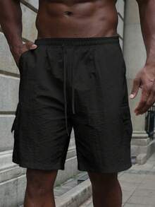 Men's Plain Color Summer Casual Shorts With Pockets - Black - View 3