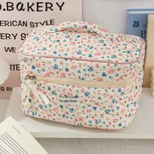 3pcs Set, Large/Medium/Small Multi-Size Large Capacity Layered Storage, Fresh Pastoral Ins Style Soft Lightweight Non-Pressing Luggage, Diamond Quilted Thickened Padded Skin-Friendly Breathable Water-Resistant Fabric, Portable Cosmetic Storage Bag, Korean Healing Floral Girly Style, Cream White Base Full Print Pink Blue Mini Wild Flower Plant Print, 3D Square Full Body Design Resistant To Collapse And Deformation - Multicolor - View 9