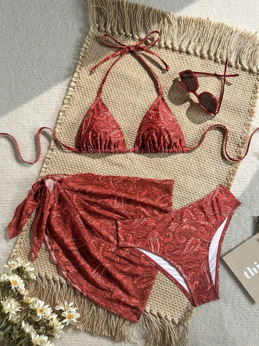 Swim Vcay Women's Halter Style Solid Color Bikini Swimsuit Set, Swimwear Set For Summer Beach Vacation - Maroon - View 1