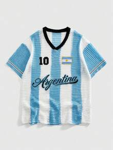 ROMWE MEN Prep 2026 Copa Brasil Men's Short Sleeve Knit T-Shirt With Embroidery And Openwork Design - Blue - View 1